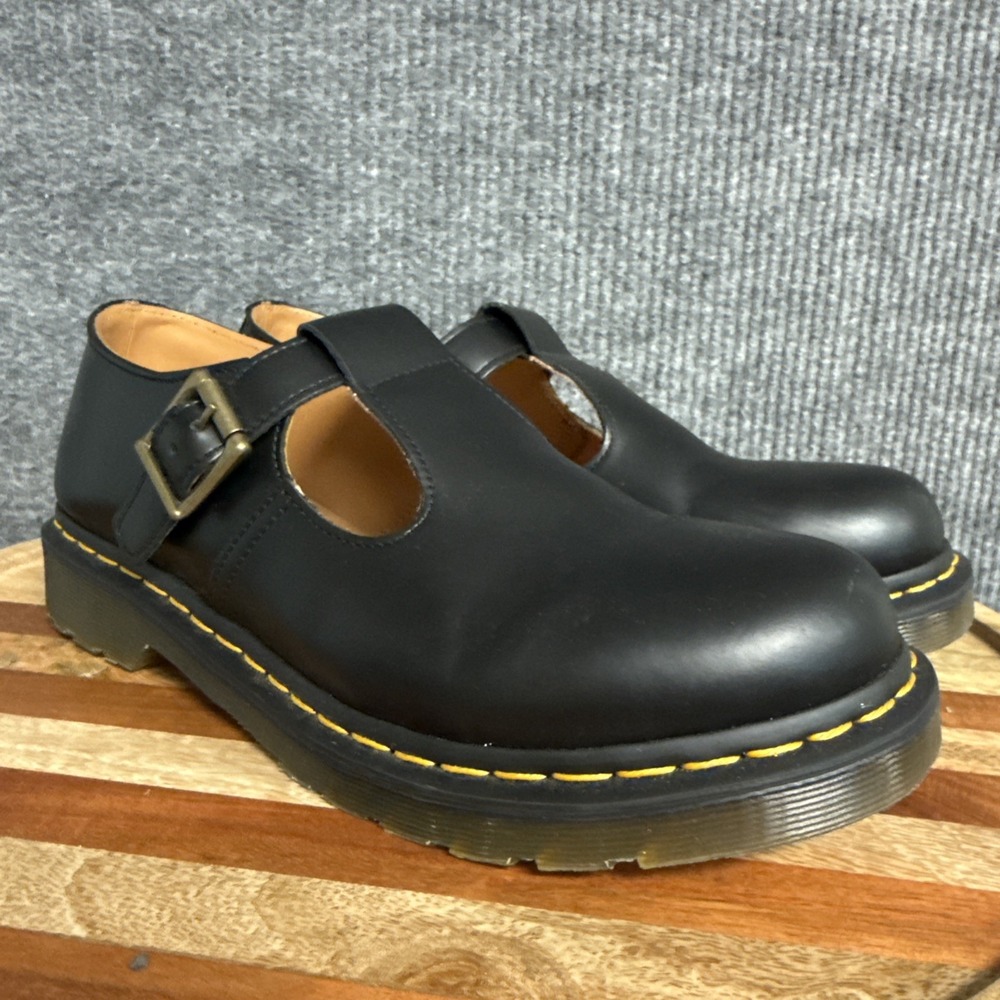 Dr. Martens Black Leather Mary Janes with Yellow Stitching
